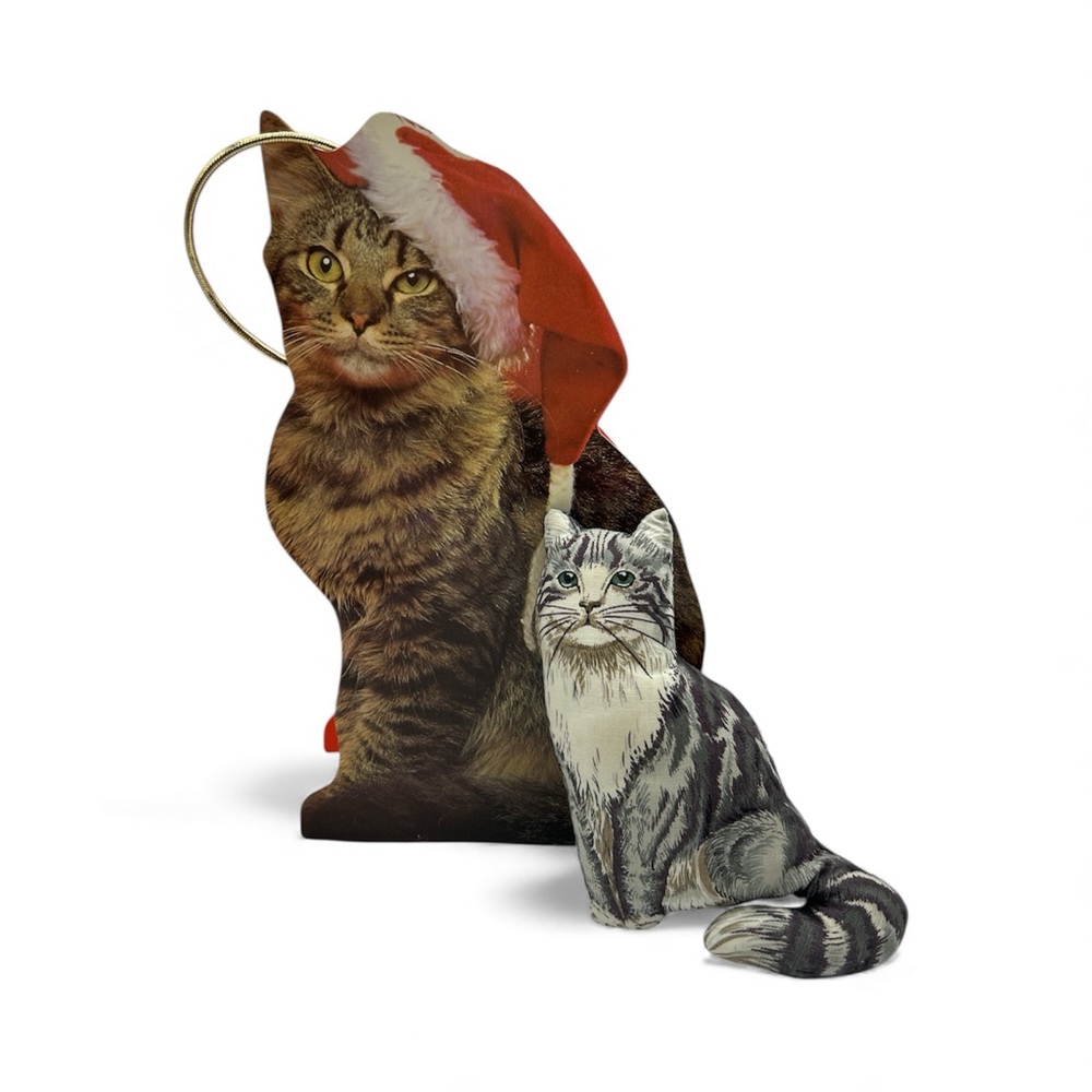 Vintage Christmas 2-sided gift bag 11" and small cat plush 7" Tabby Cat kitties